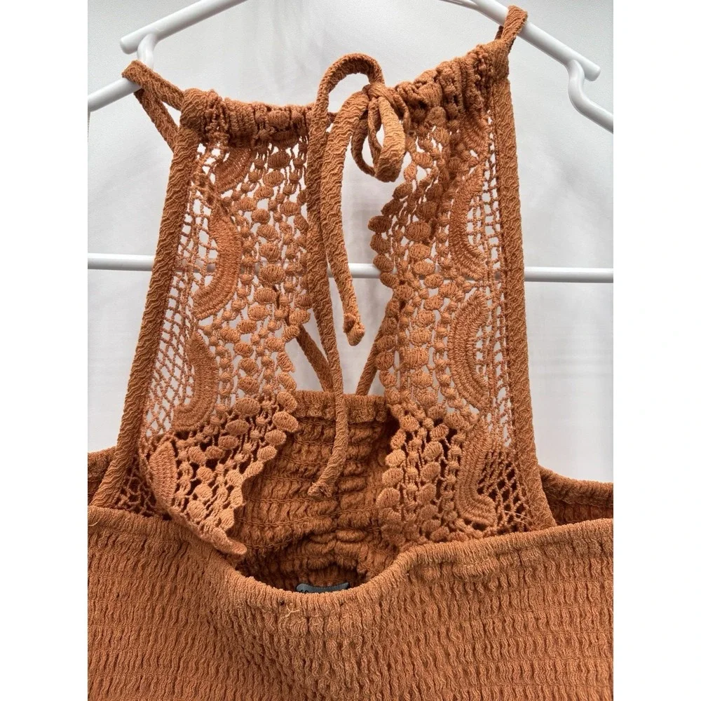 Forever 21 Crochet Lace Back Smocked Crop Top Boho Festival Hippie Brown M NWT - Picture 5 of 7
